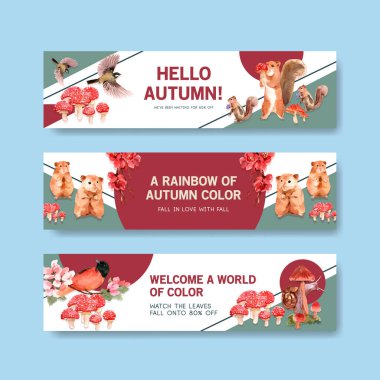 Sonbahar ormanı ve hayvanların broşür ve pazarlama için konsept tasarımı ve suluboya vektörü resimleriyle pankart şablonu