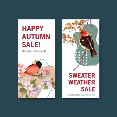 Sonbahar ormanı ve hayvan konsepti broşür ve broşür ve broşür suluboya vektörü çizimleri için el ilanı şablonu