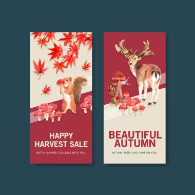 Sonbahar ormanı ve hayvan konsepti broşür ve broşür ve broşür suluboya vektörü çizimleri için el ilanı şablonu