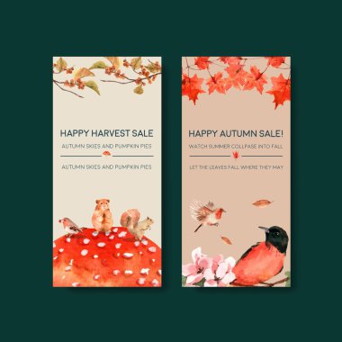 Sonbahar ormanı ve hayvan konsepti broşür ve broşür ve broşür suluboya vektörü çizimleri için el ilanı şablonu