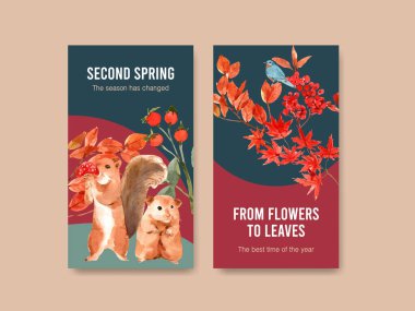 Instagram şablonu sonbahar ormanı ve sosyal medya ve online pazarlama suluboya vektörü Illustrasyonları için hayvan konsepti tasarımı