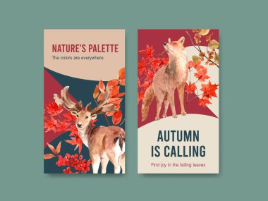 Instagram şablonu sonbahar ormanı ve sosyal medya ve online pazarlama suluboya vektörü Illustrasyonları için hayvan konsepti tasarımı