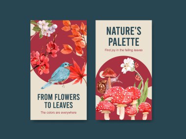 Instagram şablonu sonbahar ormanı ve sosyal medya ve online pazarlama suluboya vektörü Illustrasyonları için hayvan konsepti tasarımı