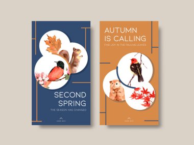 Instagram şablonu sonbahar ormanı ve sosyal medya ve online pazarlama suluboya vektörü Illustrasyonları için hayvan konsepti tasarımı