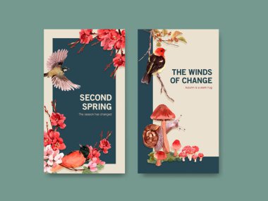 Instagram şablonu sonbahar ormanı ve sosyal medya ve online pazarlama suluboya vektörü Illustrasyonları için hayvan konsepti tasarımı