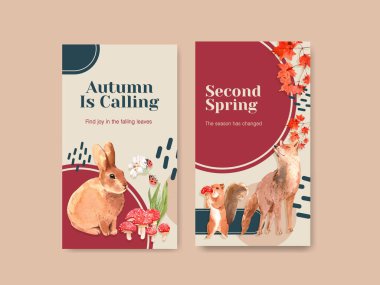 Instagram şablonu sonbahar ormanı ve sosyal medya ve online pazarlama suluboya vektörü Illustrasyonları için hayvan konsepti tasarımı