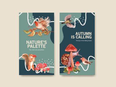 Instagram şablonu sonbahar ormanı ve sosyal medya ve online pazarlama suluboya vektörü Illustrasyonları için hayvan konsepti tasarımı