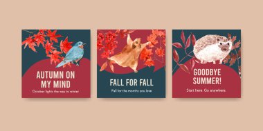 Sonbahar ormanı ve hayvan konsepti ile tanıtım şablonu broşür ve pazarlama suluboya vektörü