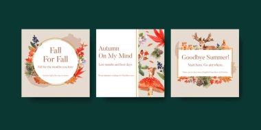 Sonbahar ormanı ve hayvan konsepti ile tanıtım şablonu broşür ve pazarlama suluboya vektörü