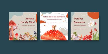 Sonbahar ormanı ve hayvan konsepti ile tanıtım şablonu broşür ve pazarlama suluboya vektörü