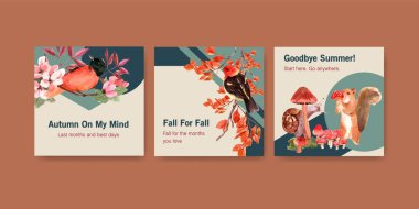 Sonbahar ormanı ve hayvan konsepti ile tanıtım şablonu broşür ve pazarlama suluboya vektörü