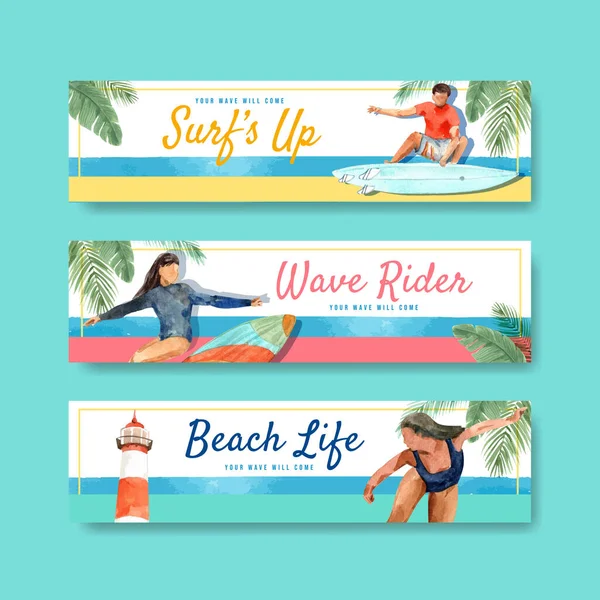 Yaz tatilinde tropikal ve rahatlatıcı suluboya vektör çizimi için plaj dizaynında sörf tahtaları olan pano şablonu
