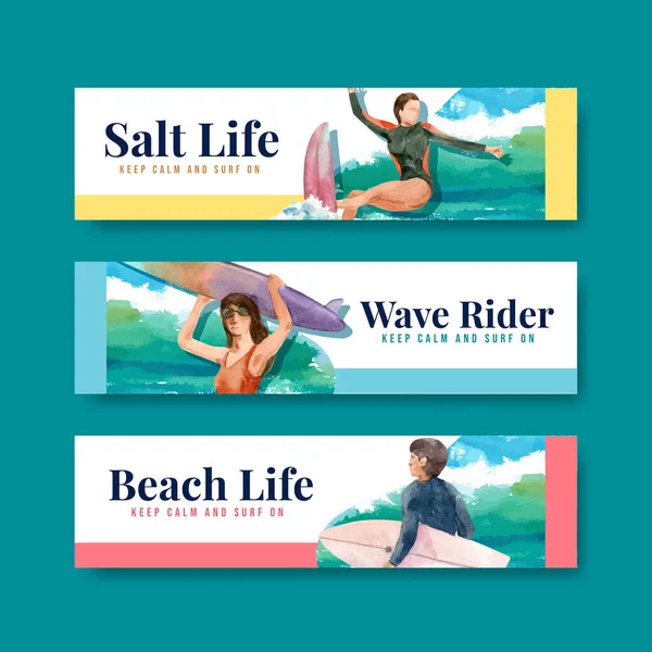 Banner template with surfboards at beach design for summer vacation tropical and relaxation watercolor vector illustratio