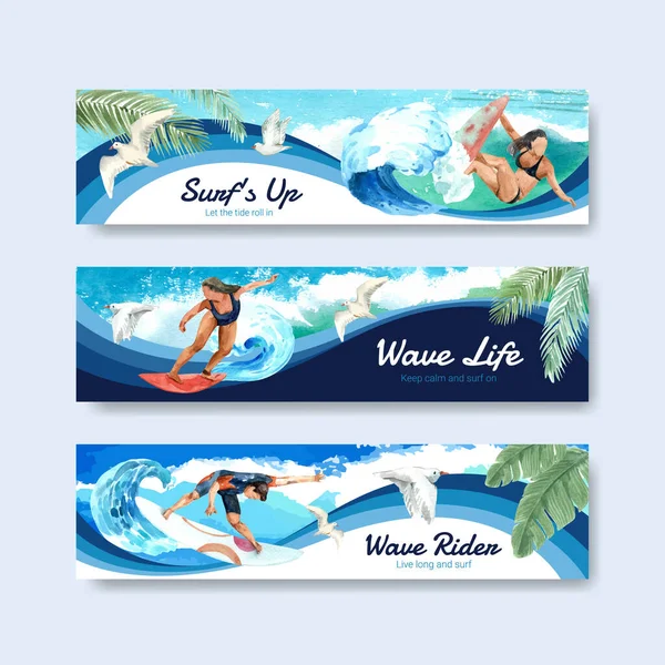 Yaz tatilinde tropikal ve rahatlatıcı suluboya vektör çizimi için plaj dizaynında sörf tahtaları olan pano şablonu