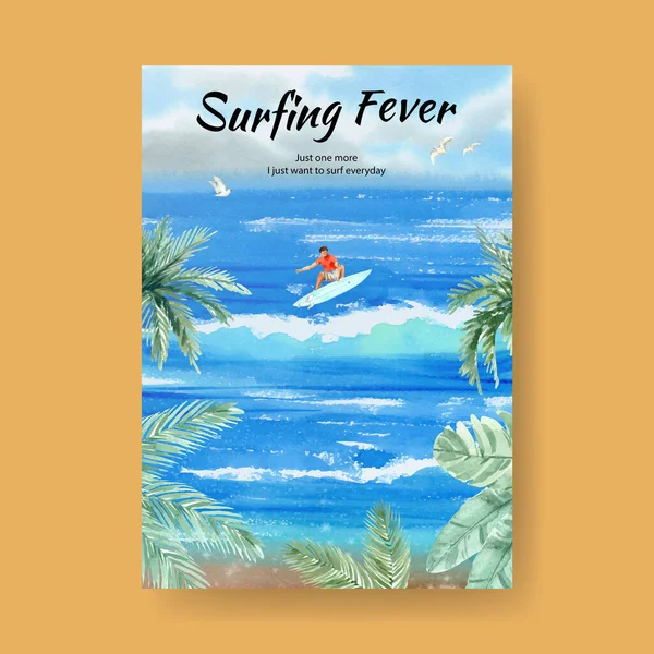 Modello Poster Con Tavole Surf Disegno Spiaggia Vacanze Estive Tropicale — Vettoriale Stock