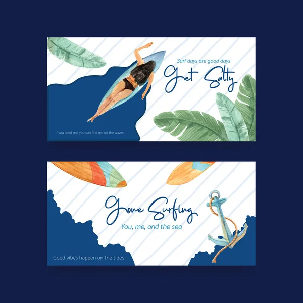 Yaz tatilinde tropikal ve rahatlatıcı suluboya vektör çizimi için plaj tasarımında sörf tahtaları olan Twitter şablonu