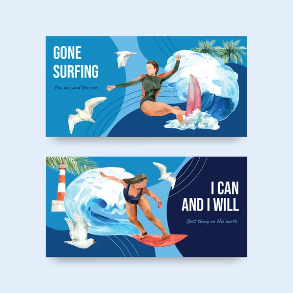 Twitter template with surfboards at beach design for summer vacation tropical and relaxation watercolor vector illustratio