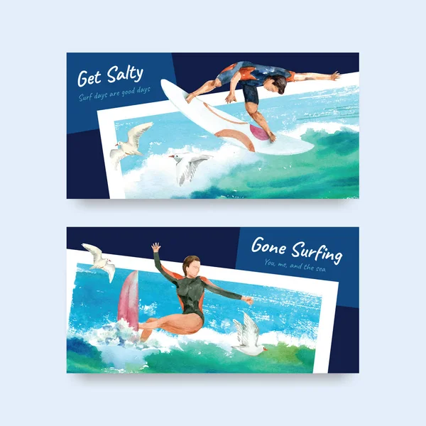 Modelo Twitter Com Pranchas Surf Design Praia Para Férias Verão — Vetor de Stock