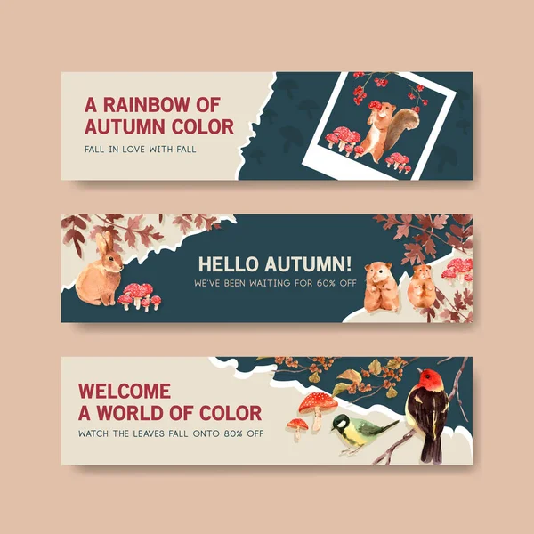 Sonbahar ormanı ve hayvanların broşür ve pazarlama için konsept tasarımı ve suluboya vektörü resimleriyle pankart şablonu