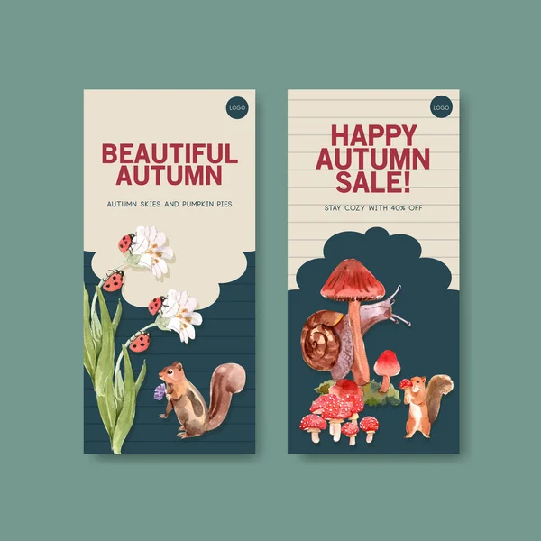 Sonbahar ormanı ve hayvan konsepti broşür ve broşür ve broşür suluboya vektörü çizimleri için el ilanı şablonu