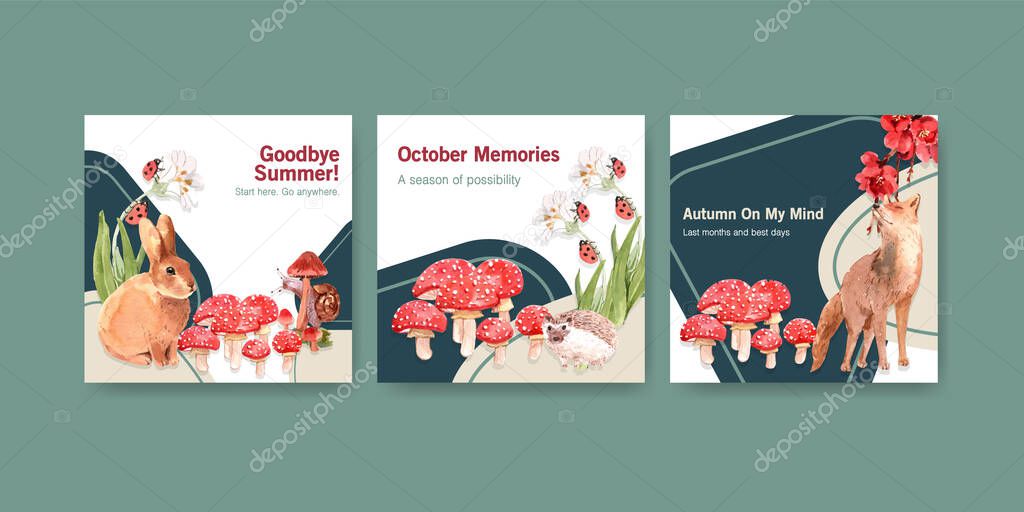 Advertise template with autumn forest and animals concept design for brochure and marketing watercolor vector Illustrations