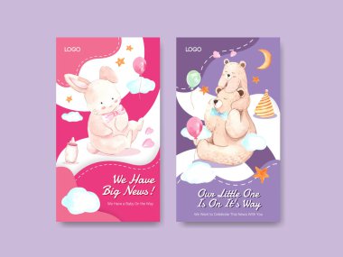 Sosyal medya ve suluboya vektör illüstrasyonunun pazarlanması için bebek partisi tasarımı konseptiyle Instagram şablonu