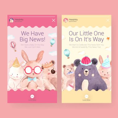 Sosyal medya ve suluboya vektör illüstrasyonunun pazarlanması için bebek partisi tasarımı konseptiyle Instagram şablonu