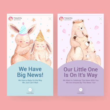 Sosyal medya ve suluboya vektör illüstrasyonunun pazarlanması için bebek partisi tasarımı konseptiyle Instagram şablonu