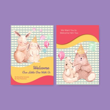 Bebek partisi tasarımı kavramlı davetiye kartı şablonu suluboya vektör çizimi