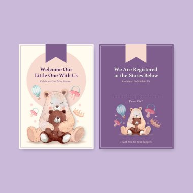 Bebek partisi tasarımı kavramlı davetiye kartı şablonu suluboya vektör çizimi