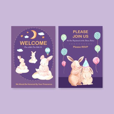 Bebek partisi tasarımı kavramlı davetiye kartı şablonu suluboya vektör çizimi