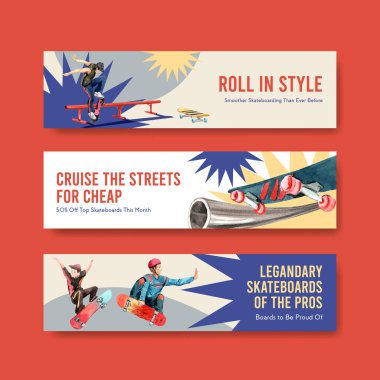 Reklam için kaykay tasarımı ve suluboya vektör ilüstrasyonu broşürü içeren bir pano şablonu