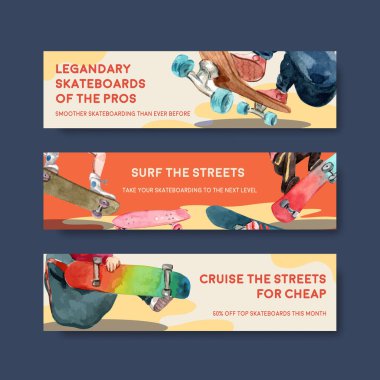 Reklam için kaykay tasarımı ve suluboya vektör ilüstrasyonu broşürü içeren bir pano şablonu