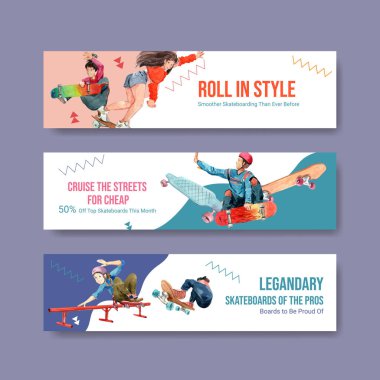 Reklam için kaykay tasarımı ve suluboya vektör ilüstrasyonu broşürü içeren bir pano şablonu