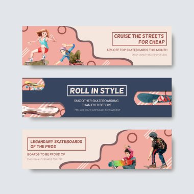 Reklam için kaykay tasarımı ve suluboya vektör ilüstrasyonu broşürü içeren bir pano şablonu