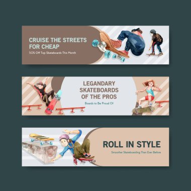 Reklam için kaykay tasarımı ve suluboya vektör ilüstrasyonu broşürü içeren bir pano şablonu