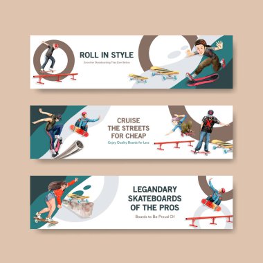 Reklam için kaykay tasarımı ve suluboya vektör ilüstrasyonu broşürü içeren bir pano şablonu