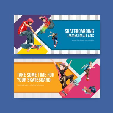 Reklam ve pazarlama suluboya vektör çizimi için kaykay tasarımı konsepti içeren reklam panosu şablonu