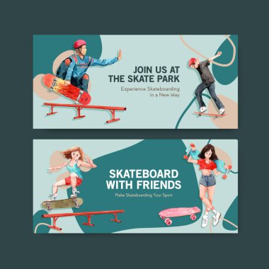 Reklam ve pazarlama suluboya vektör çizimi için kaykay tasarımı konsepti içeren reklam panosu şablonu