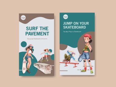 Sosyal medya ve suluboya vektör illüstrasyonunun pazarlanması için kaykay tasarımı kavramına sahip Instagram şablonu