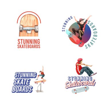 Marka ve pazarlama suluboya vektör çizimi için kaykay tasarımı kavramına sahip logo