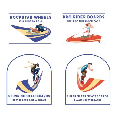 Marka ve pazarlama suluboya vektör çizimi için kaykay tasarımı kavramına sahip logo