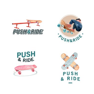 Marka ve pazarlama suluboya vektör çizimi için kaykay tasarımı kavramına sahip logo