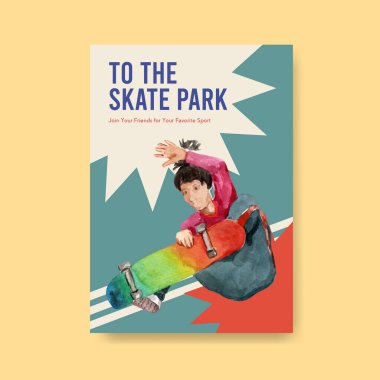 Suluboya vektör illüstrasyonunun reklam ve pazarlanması için kaykay tasarımı kavramına sahip poster şablonu