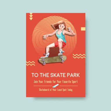 Suluboya vektör illüstrasyonunun reklam ve pazarlanması için kaykay tasarımı kavramına sahip poster şablonu