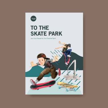 Suluboya vektör illüstrasyonunun reklam ve pazarlanması için kaykay tasarımı kavramına sahip poster şablonu