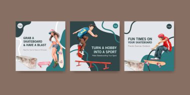 Reklam ve bildiri suluboya vektör ilüstrasyonu için kaykay tasarımı kavramına sahip ilanlar