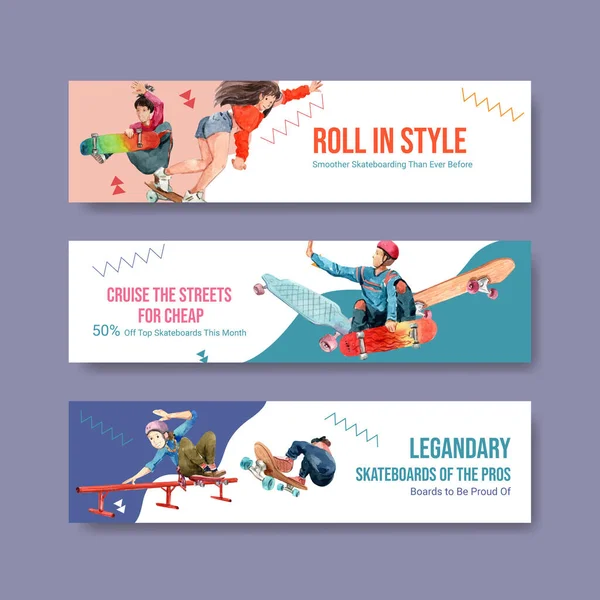 Reklam için kaykay tasarımı ve suluboya vektör ilüstrasyonu broşürü içeren bir pano şablonu