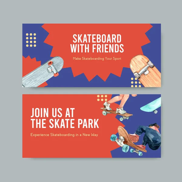 Reklam ve pazarlama suluboya vektör çizimi için kaykay tasarımı konsepti içeren reklam panosu şablonu