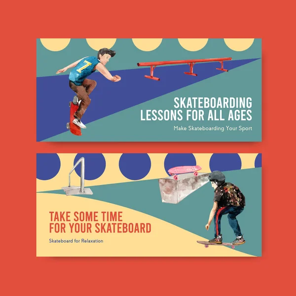 Reklam ve pazarlama suluboya vektör çizimi için kaykay tasarımı konsepti içeren reklam panosu şablonu